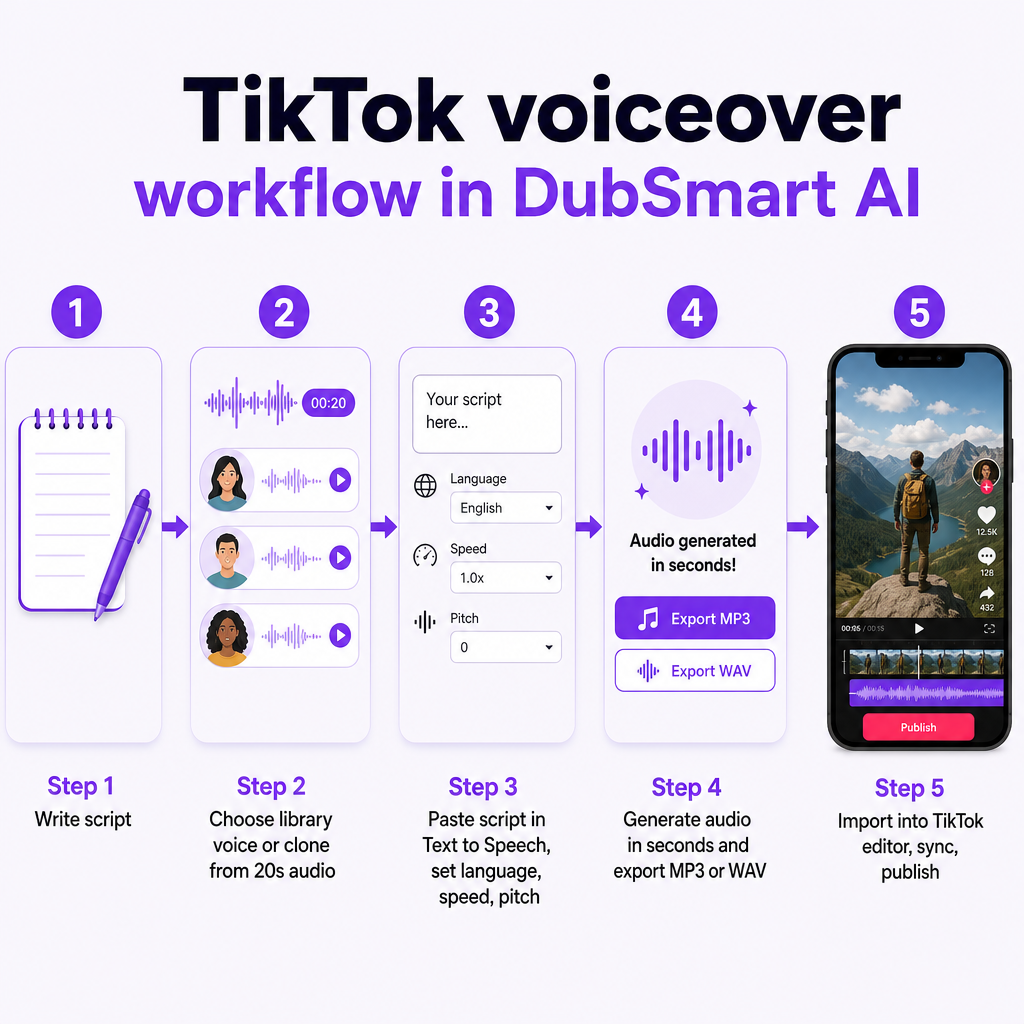 Five-step diagram showing script writing, voice choice, text to speech generation, export, and TikTok upload
