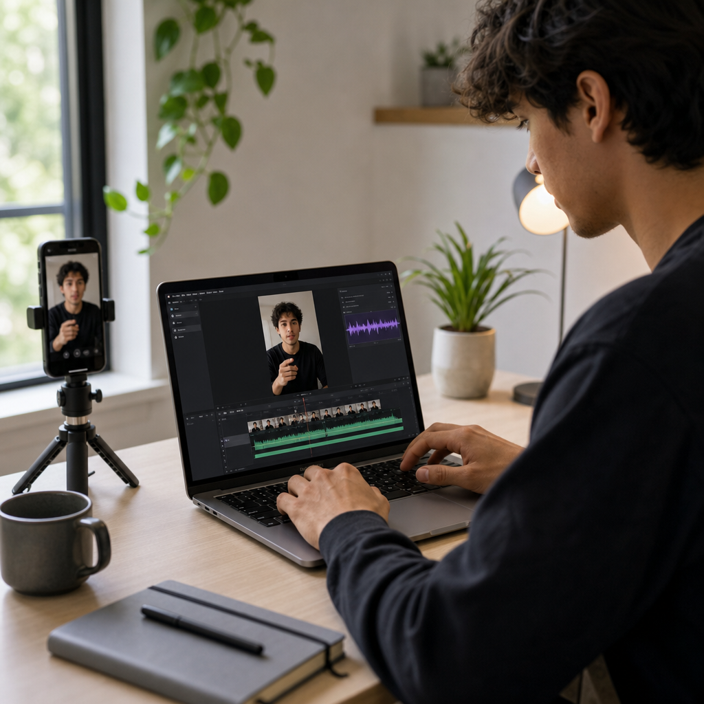 A creator editing a vertical short-form video with a voiceover on a laptop