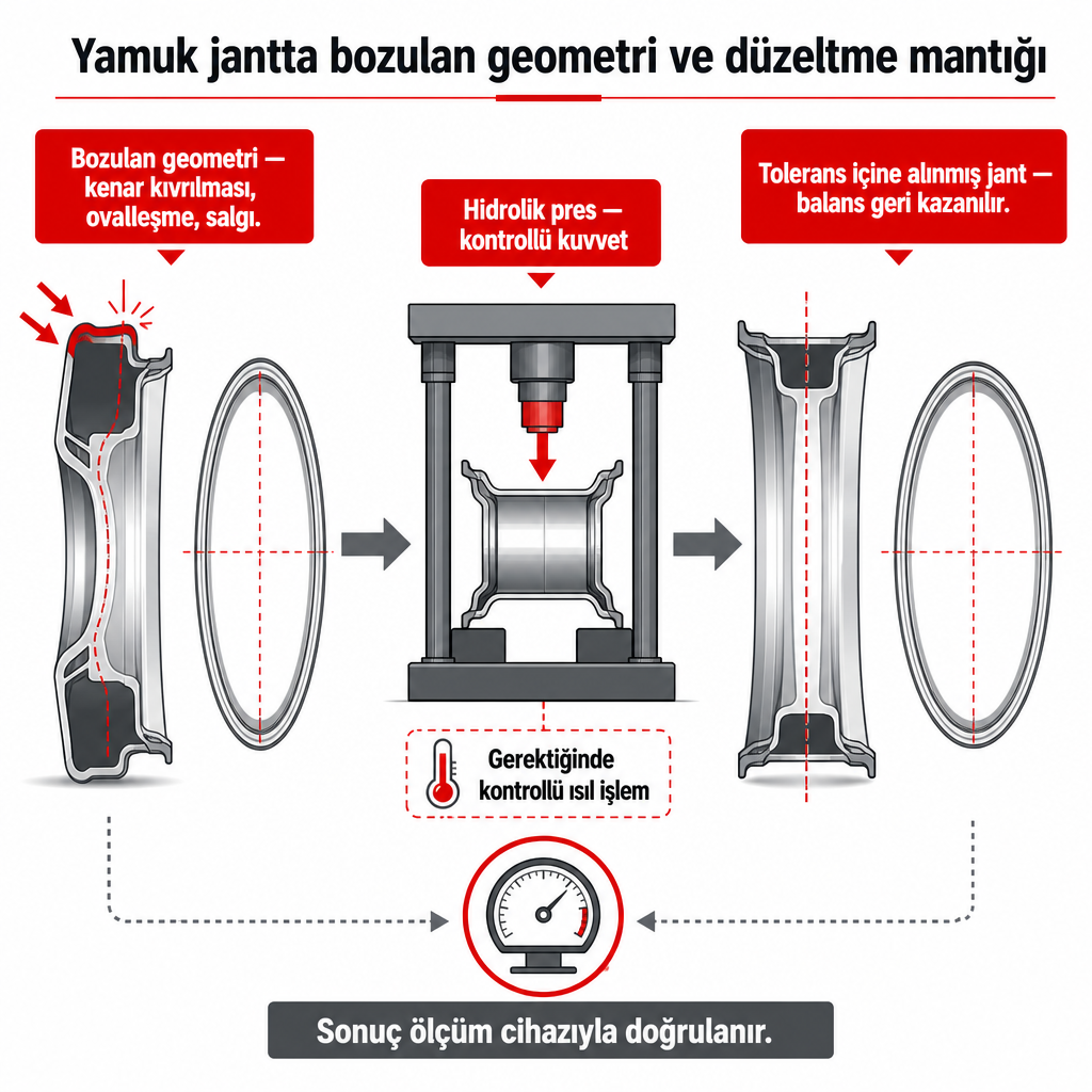 Yamuk bir jantın hidrolik pres ve ölçümle orijinal formuna getirilme mantığını gösteren şema.
