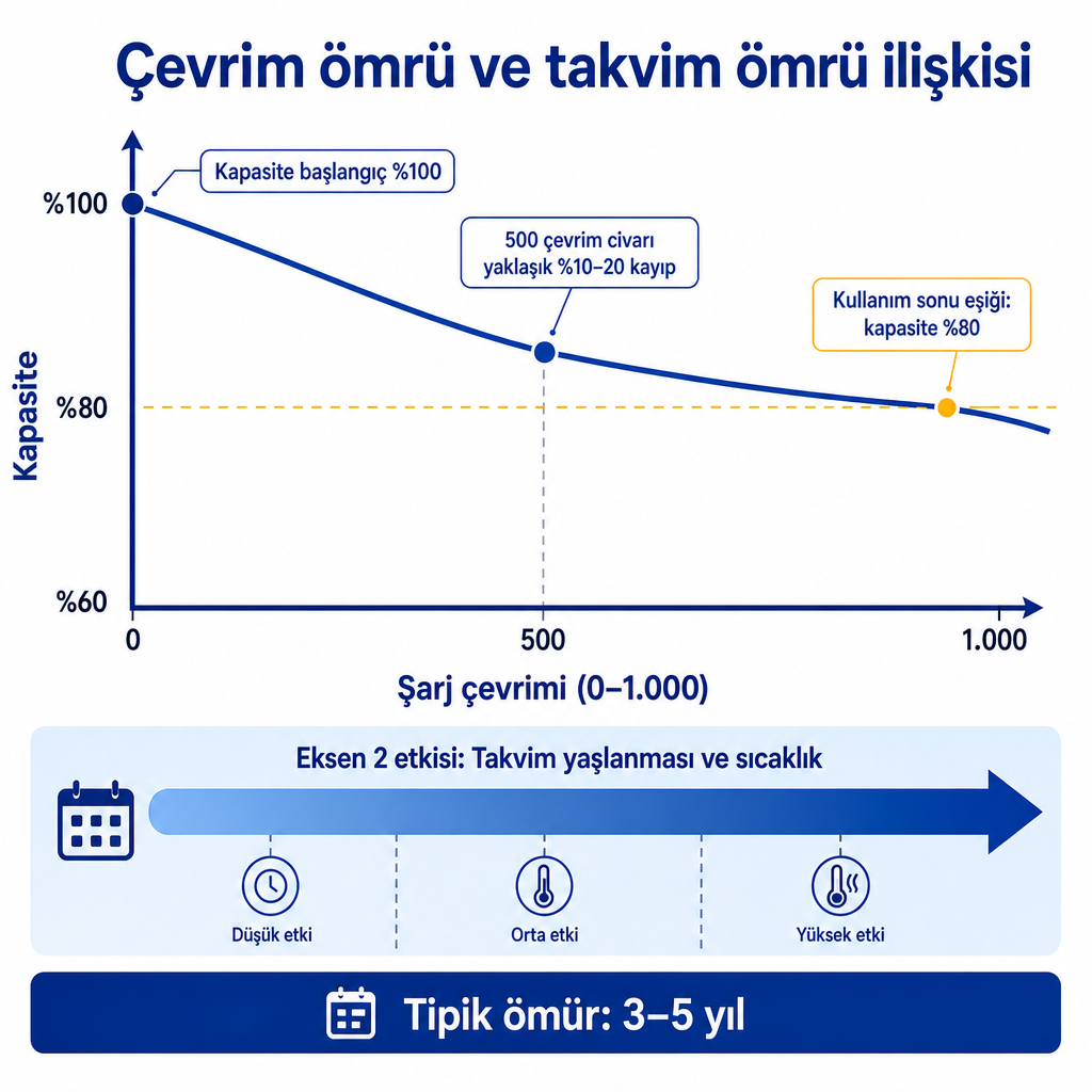Şarj çevrimi arttıkça batarya kapasitesinin düştüğünü ve %80 eşiğinin kullanım sonu olduğunu gösteren kavramsal diyagram.
