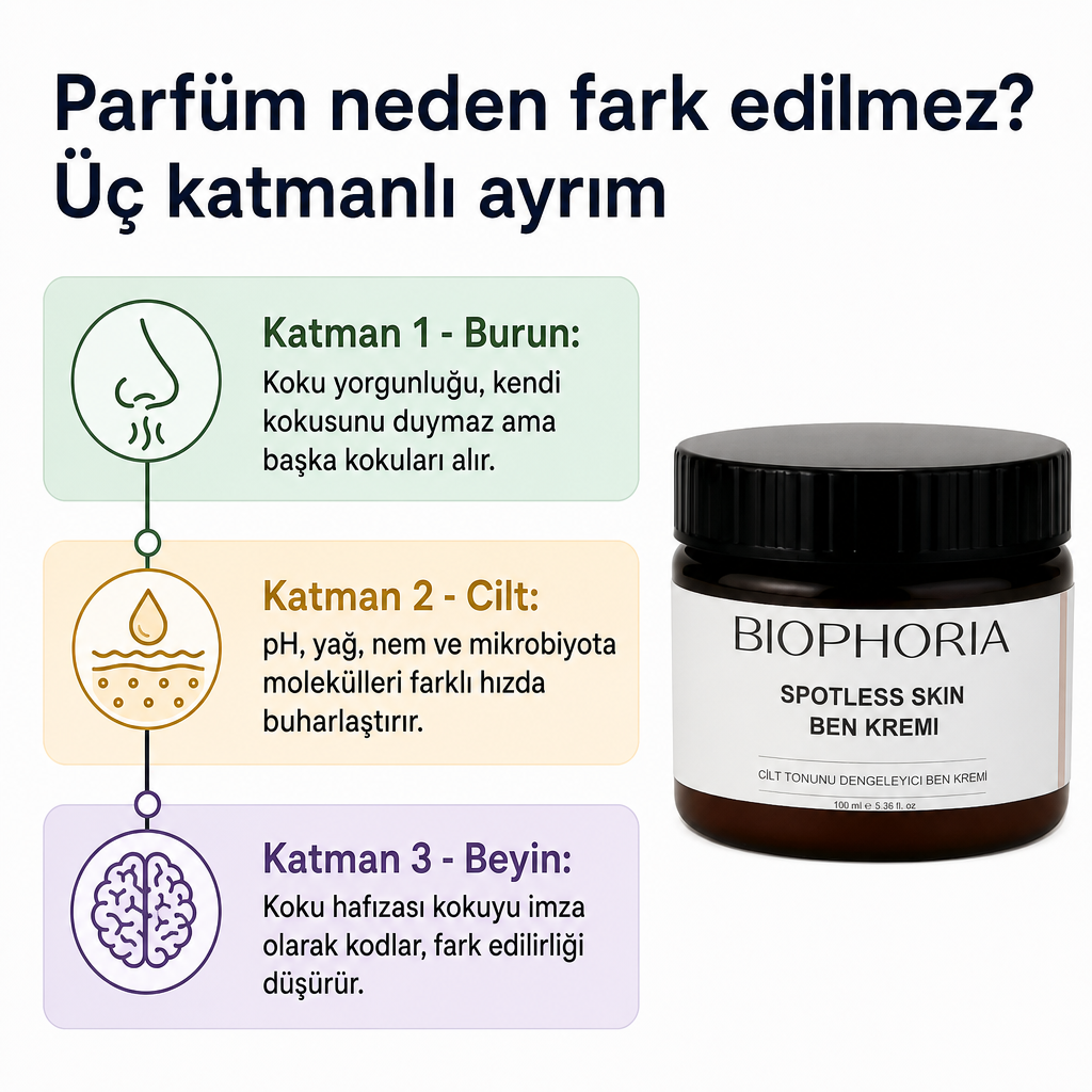 Parfümün fark edilmemesini burun, cilt ve beyin olarak üç katmana ayıran kavramsal diyagram.