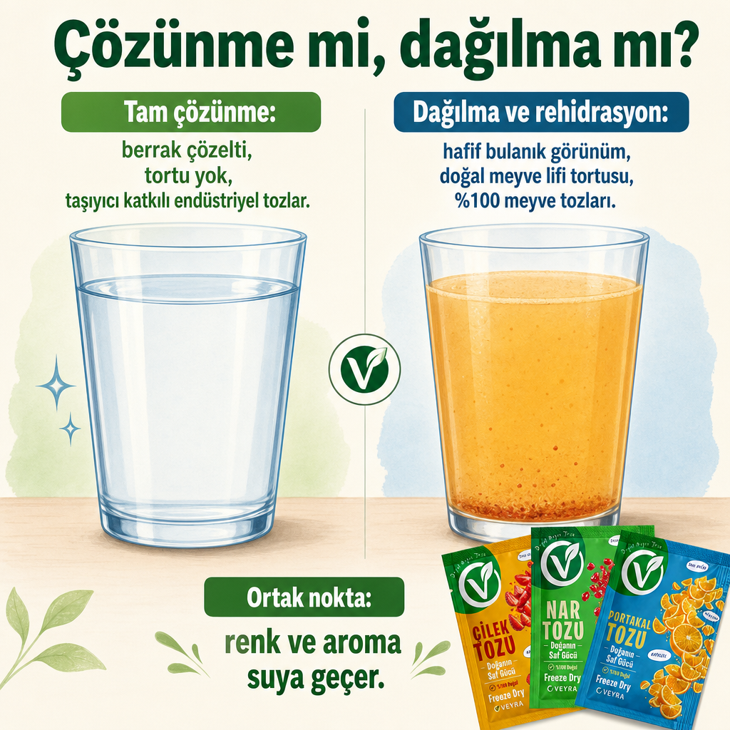 Berrak bir çözelti ile doğal bulanık meyve içeceğini karşılaştıran kavramsal görsel.