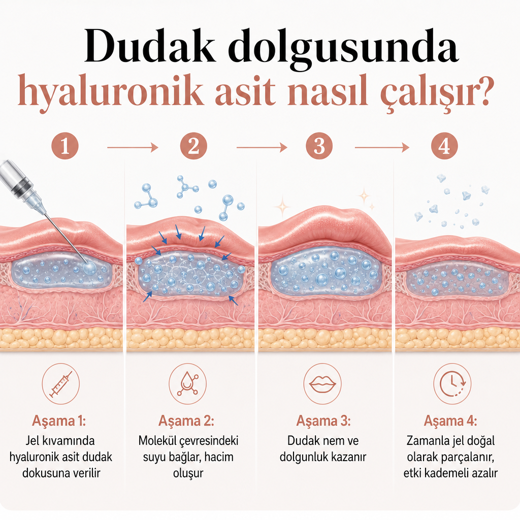 Hyaluronik asidin dudakta su tutarak hacim oluşturmasını ve zamanla parçalanmasını gösteren dört aşamalı şema