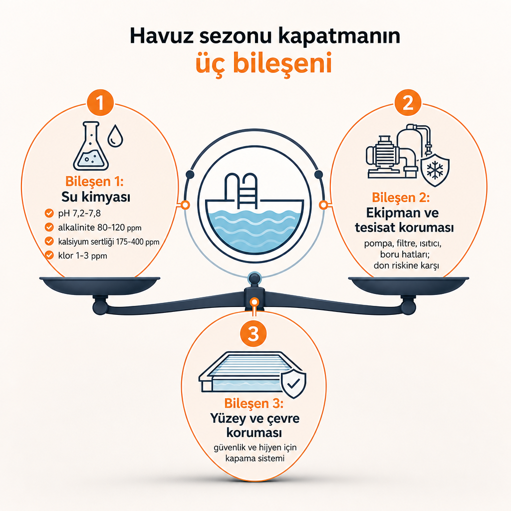 Havuz sezonu kapatmanın su kimyası, ekipman koruması ve yüzey koruması olmak üzere üç bileşenini gösteren kavramsal şema