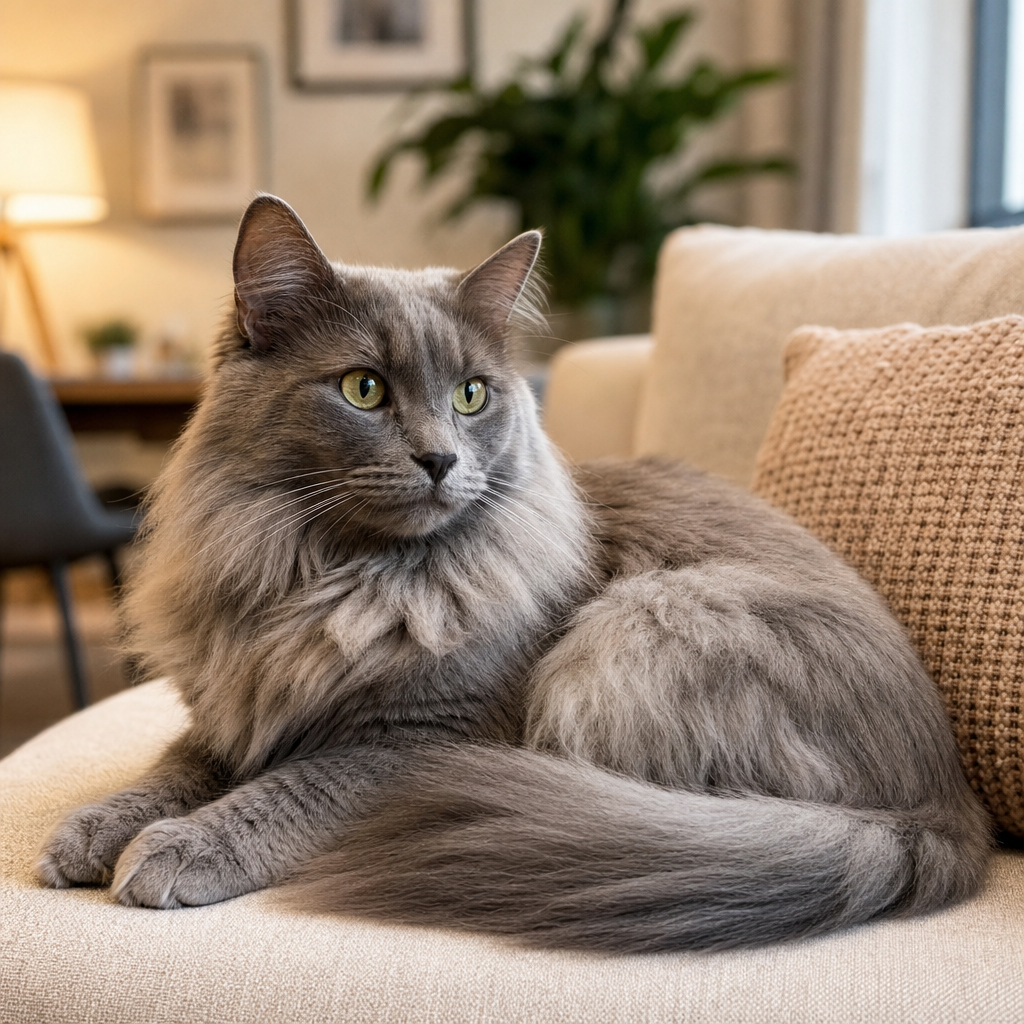 Ev ortamında dinlenen, yarı uzun tüylü ipeksi bir kedi.