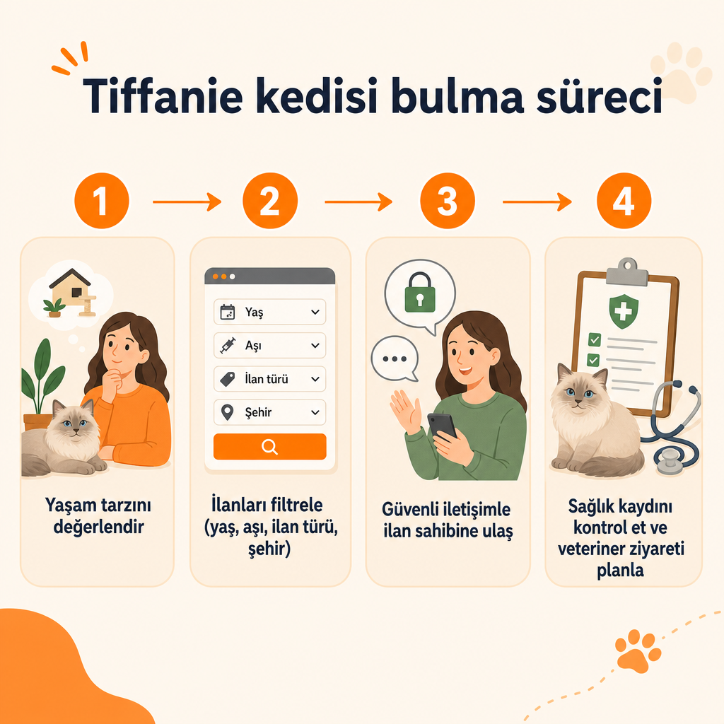 Yaşam tarzı değerlendirme, ilan filtreleme, güvenli iletişim ve veteriner kontrolünü gösteren dört adımlı süreç diyagramı.