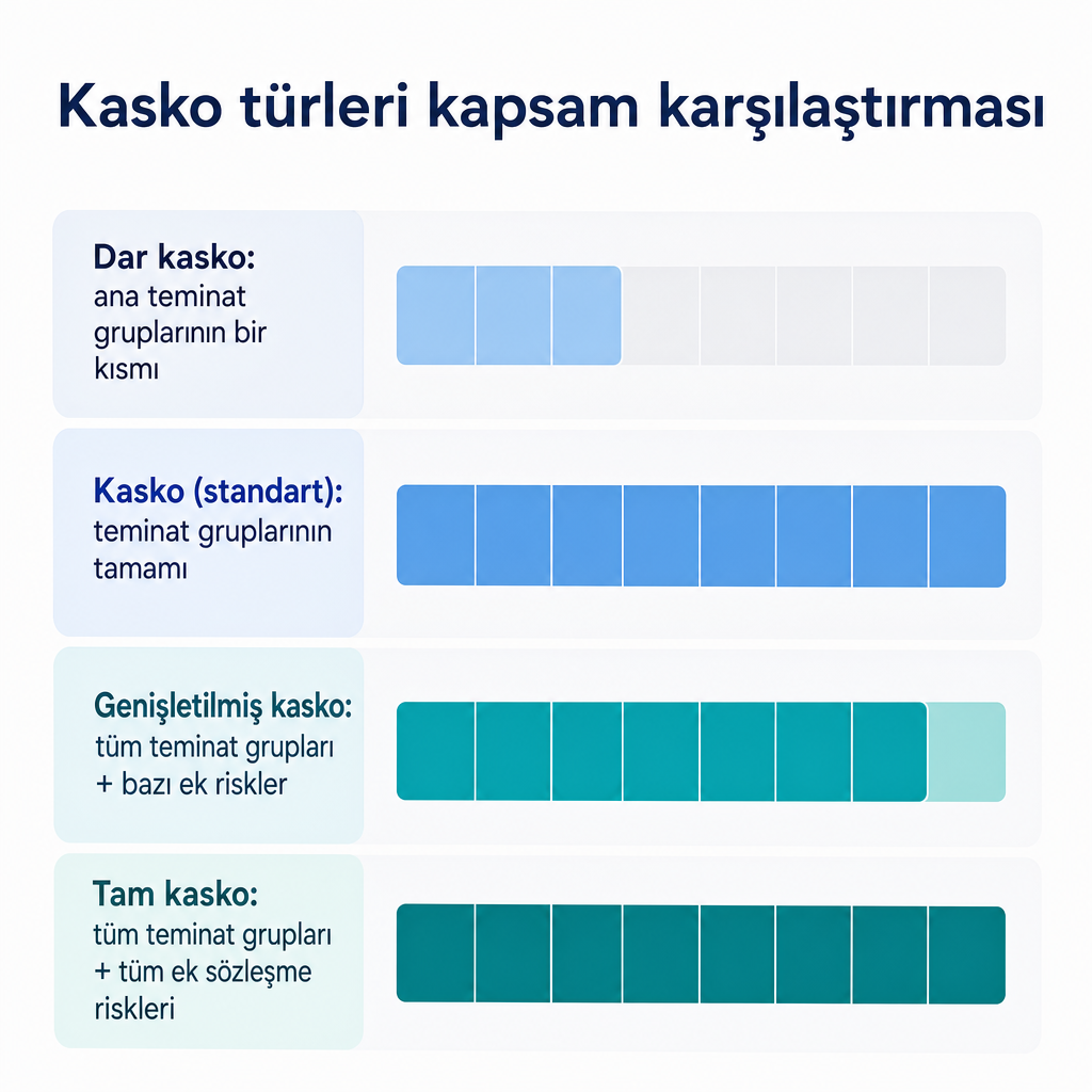 Dört kasko türünün kapsam genişliğine göre artan sırayla gösterildiği karşılaştırma görseli