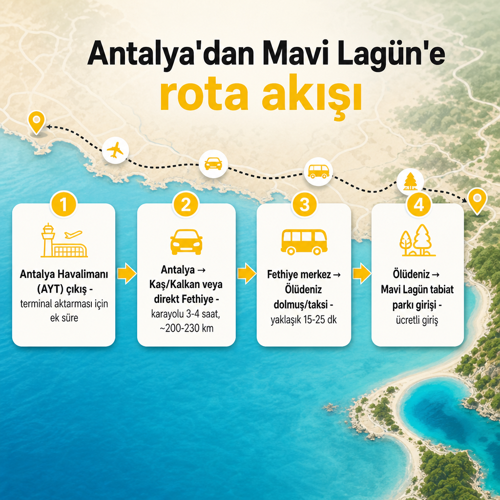 Antalya Havalimanı'ndan Mavi Lagün'e dört aşamalı rota ve tahmini süreleri gösteren süreç diyagramı
