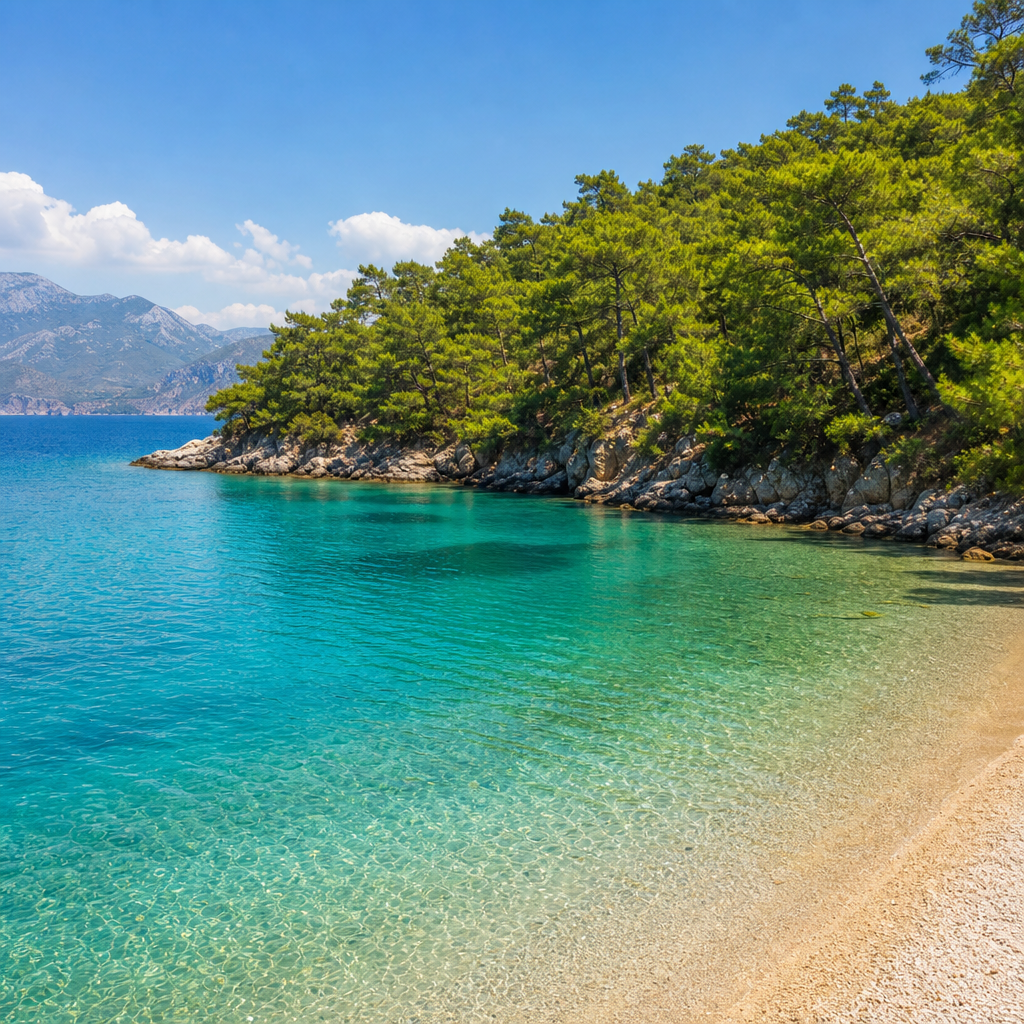 Ölüdeniz Mavi Lagün'ün turkuaz suları ve çam kaplı burnu