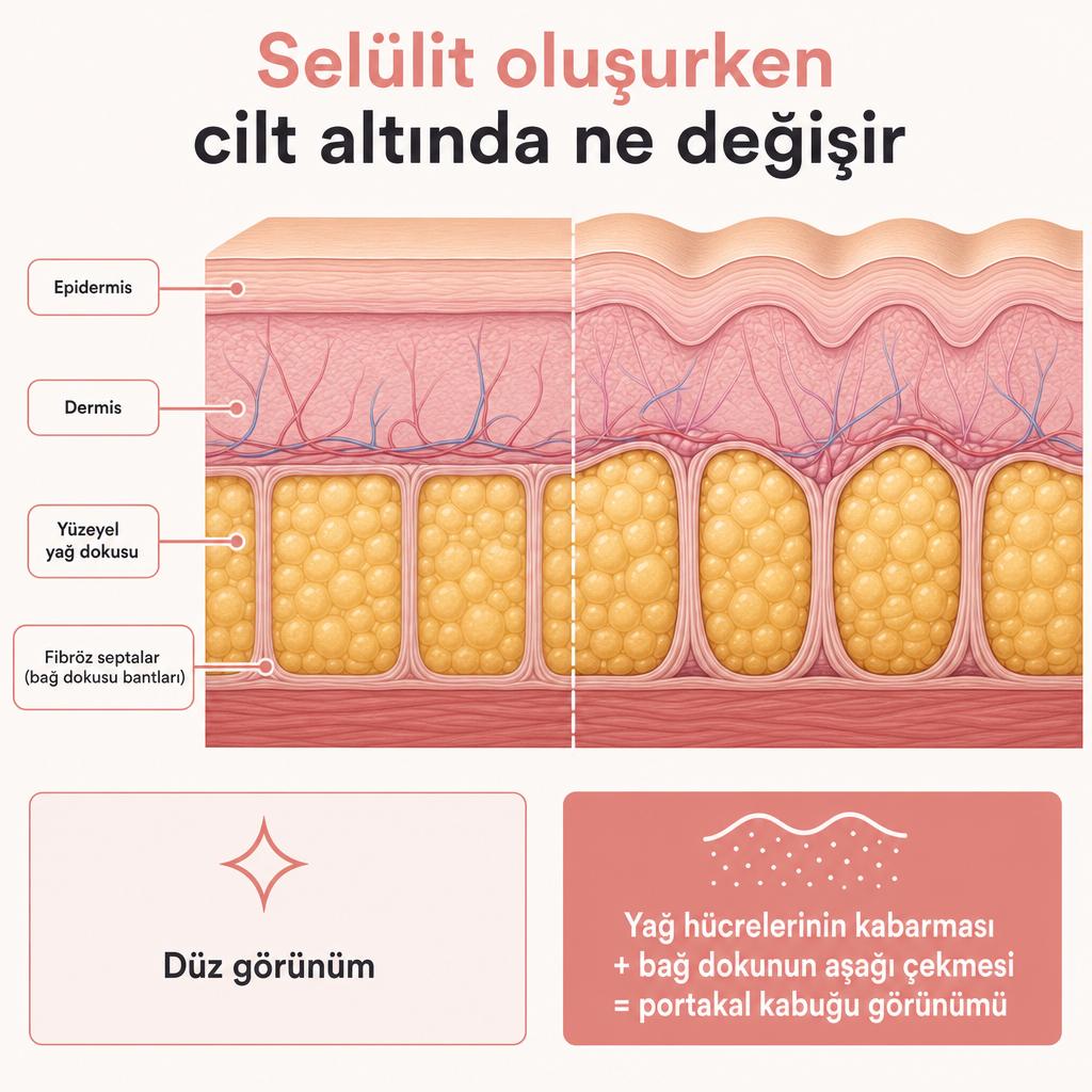 Cilt katmanlarının yandan kesiti; yağ hücrelerinin kabarması ve bağ dokusu bantlarının aşağı çekmesiyle oluşan çukurlu selülit görünümü.