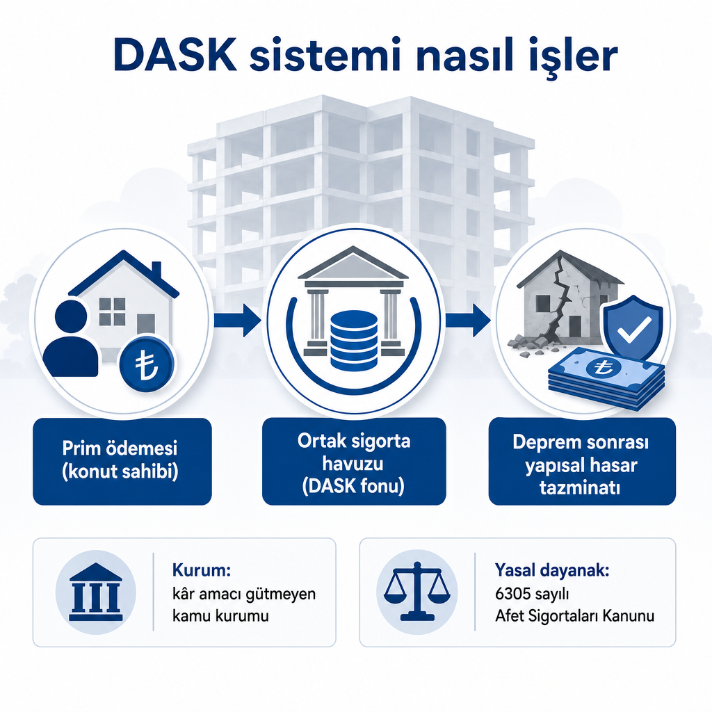 DASK'ta primlerin ortak fonda toplanıp deprem sonrası tazminat olarak ödendiğini gösteren akış şeması
