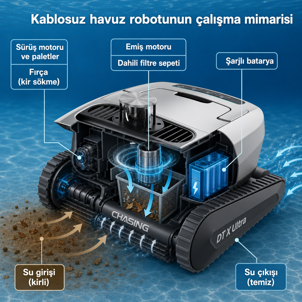 Kablosuz havuz robotunun palet, fırça, emiş motoru, dahili filtre ve batarya bölümlerini gösteren kavramsal kesit diyagramı