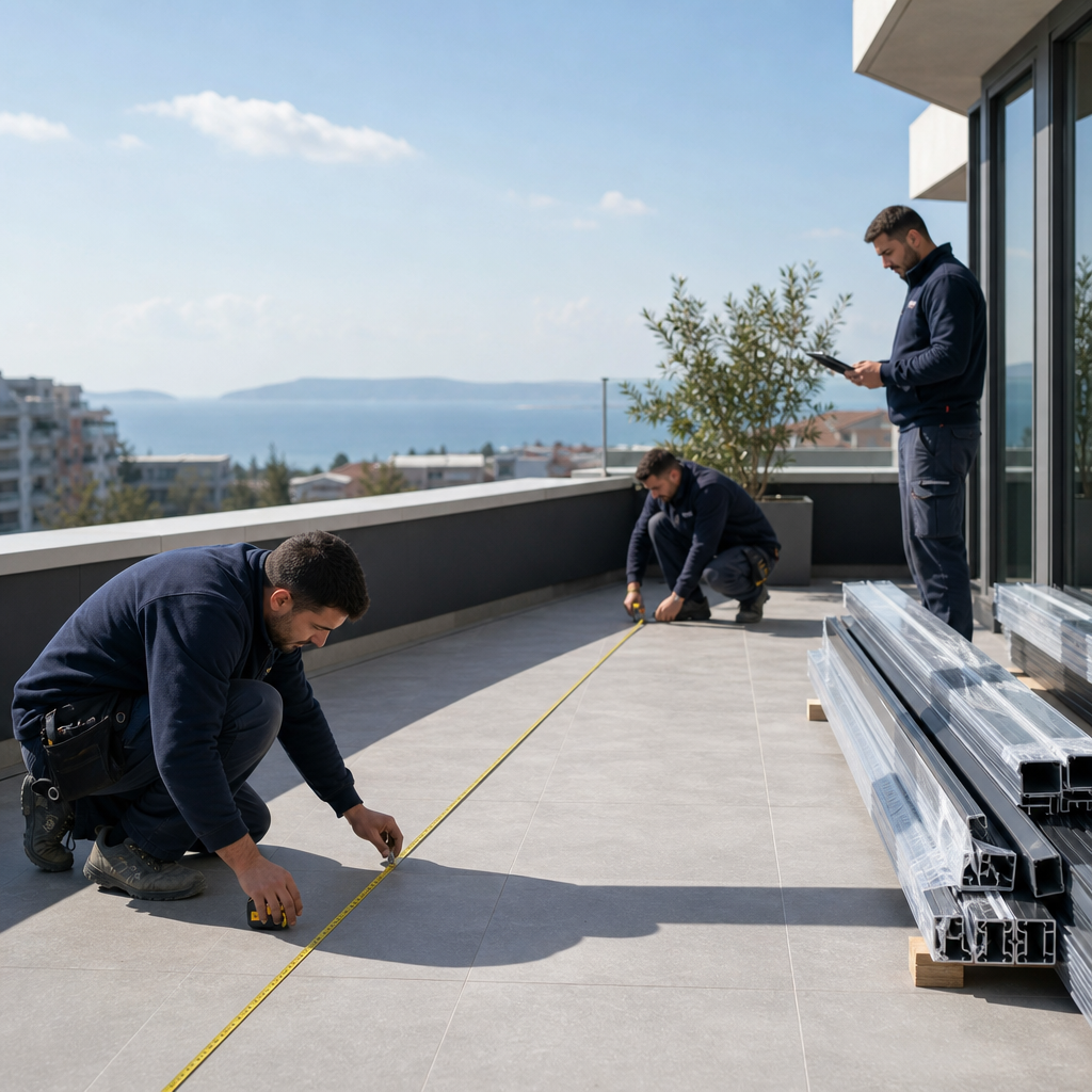 Teras üzerinde biyoklimatik pergola montajı öncesi ölçü ve keşif yapan teknik ekip