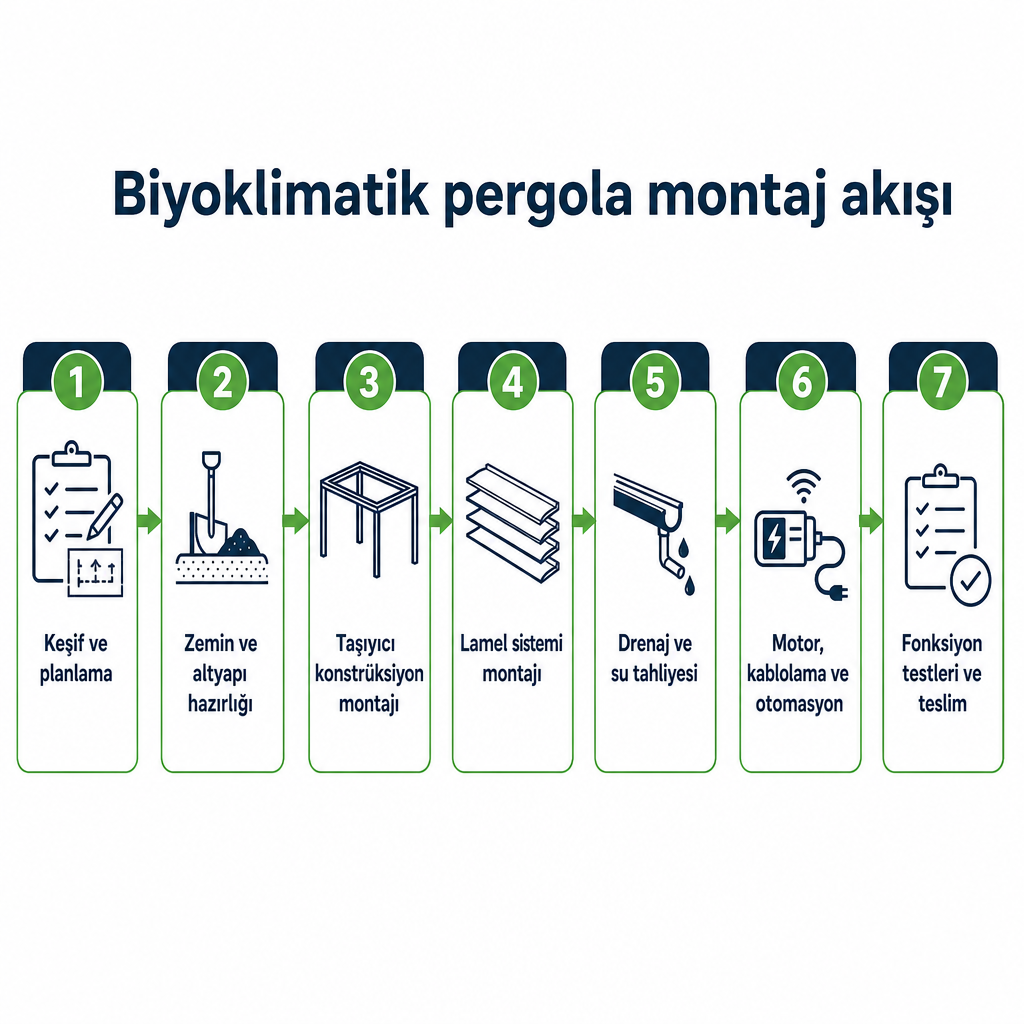 Biyoklimatik pergola montajının yedi aşamasını gösteren süreç diyagramı