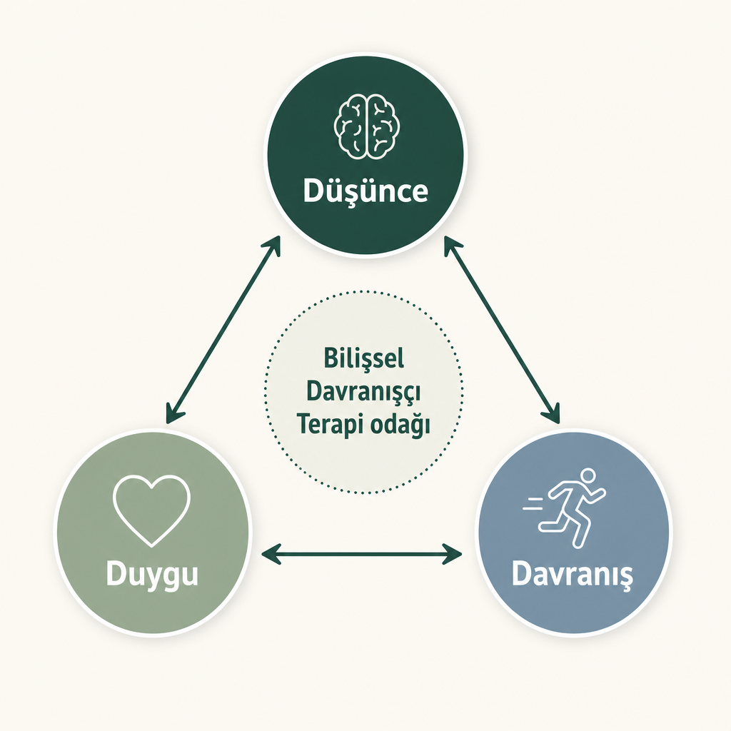 Düşünce, duygu ve davranışın birbirini karşılıklı etkilediğini gösteren üçgen şema