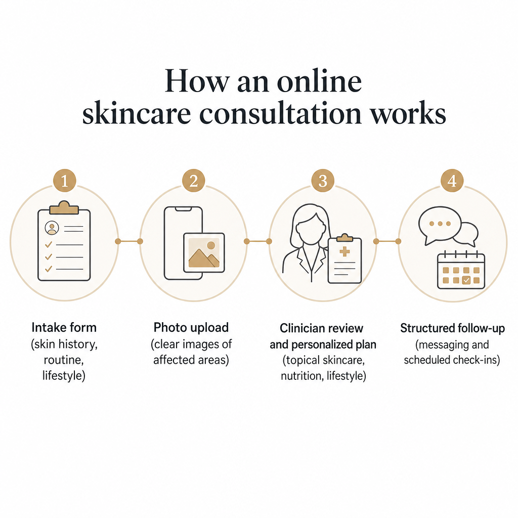 Four-stage diagram showing intake form, photo upload, clinician plan, and follow-up in an online skincare consultation