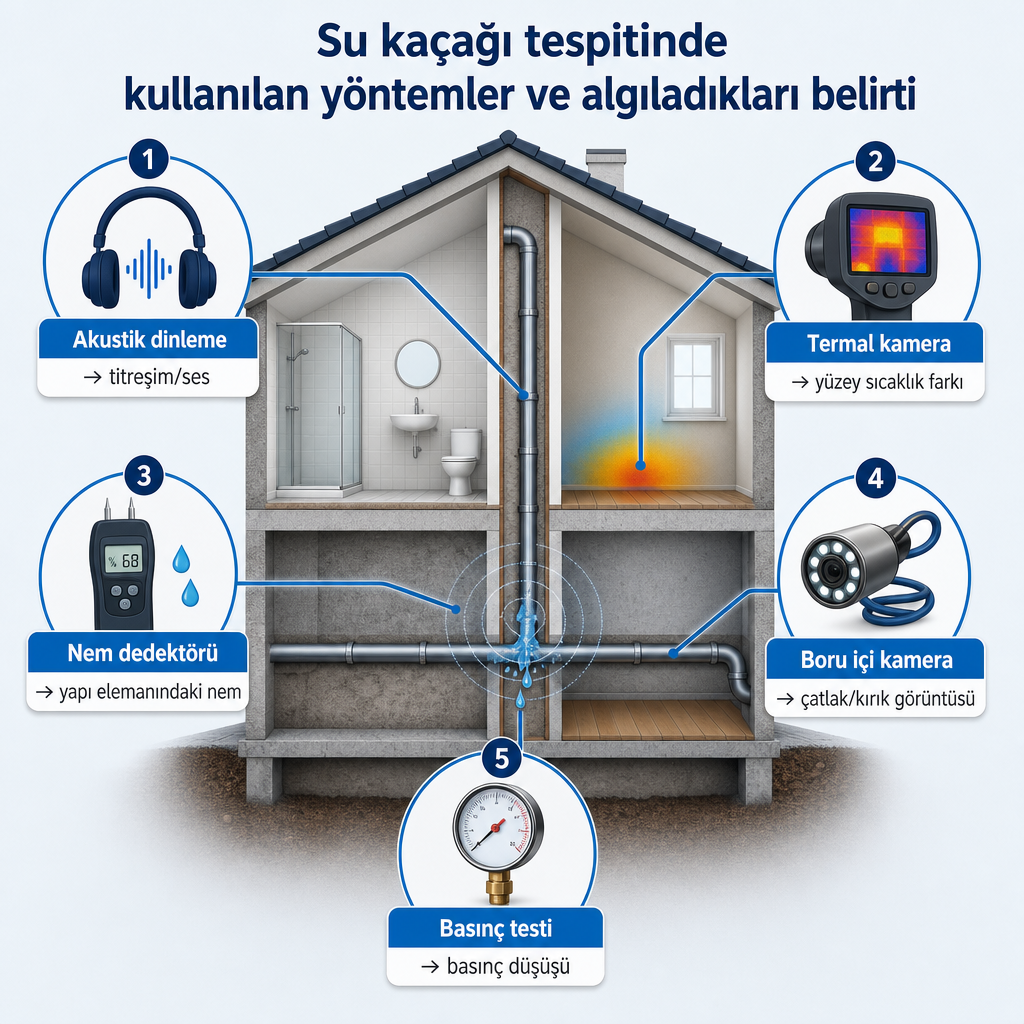 Gizli su kaçağını tespit eden beş yöntemin her birinin hangi belirtiyi algıladığını gösteren kavramsal diyagram