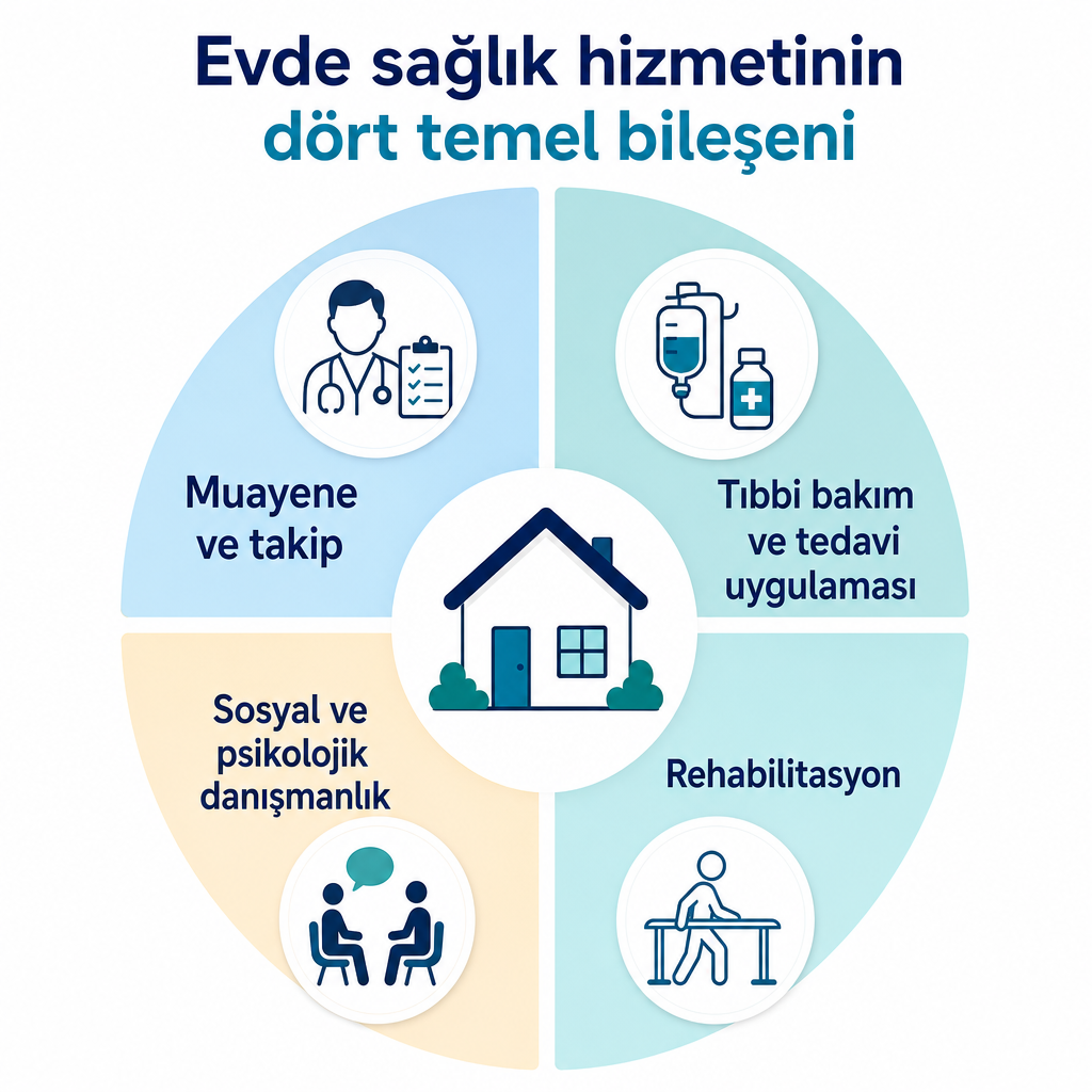 Evde sağlık hizmetinin muayene-takip, tıbbi bakım, rehabilitasyon ve danışmanlık bileşenlerini gösteren dairesel grafik