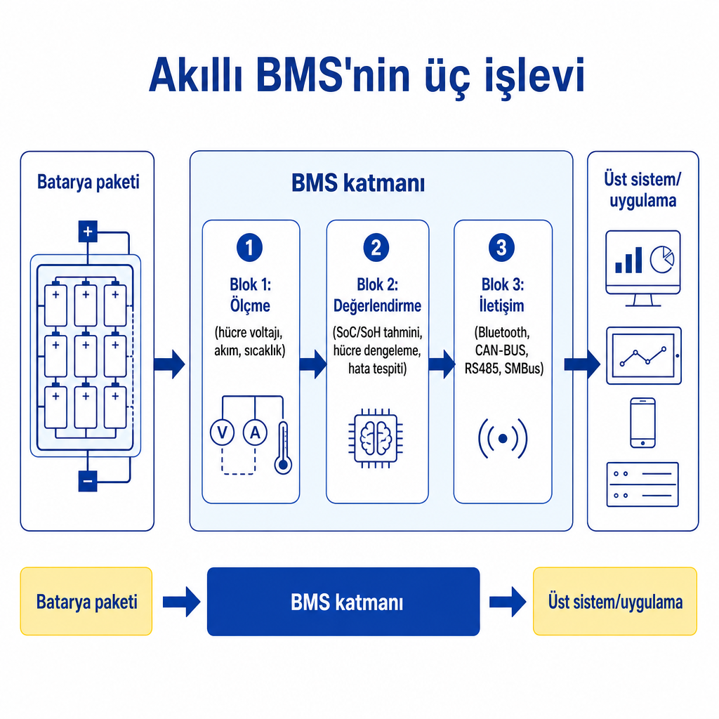 Akıllı BMS'nin ölçme, değerlendirme ve iletişim işlevlerini gösteren kavramsal akış diyagramı