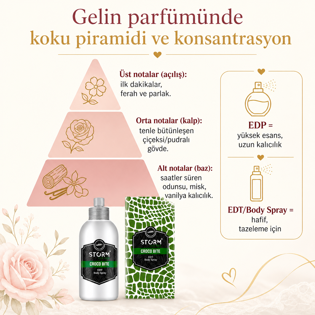 Üst, orta ve alt notaları ile EDP ve EDT farkını gösteren gelin parfümü koku piramidi diyagramı