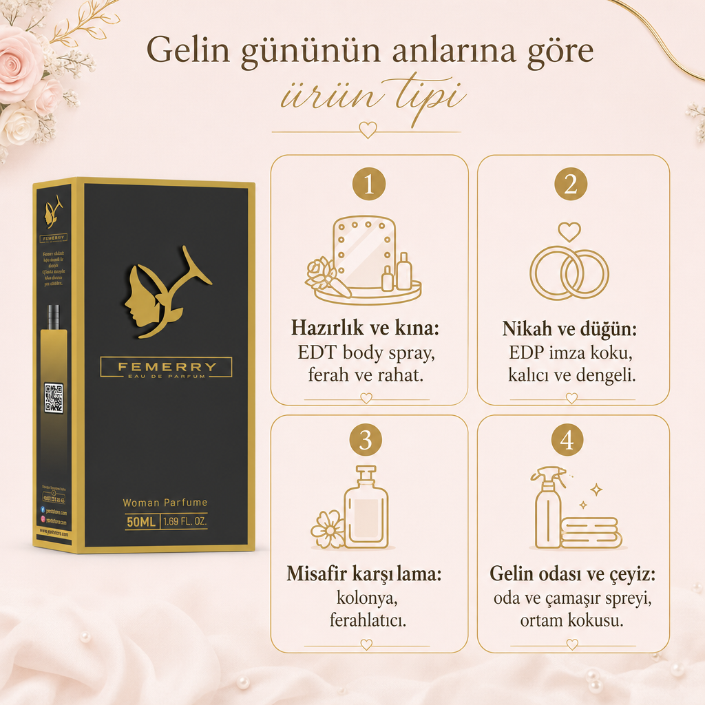 Gelin gününün dört farklı anına uygun parfüm ürün tiplerini gösteren karşılaştırma görseli