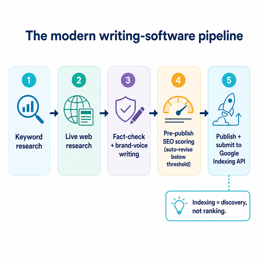 Five-stage diagram from keyword research to publishing and indexing, with a note that indexing is discovery not ranking.