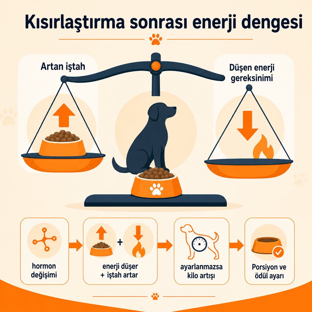 Kısırlaştırma sonrası artan iştah ve düşen enerji ihtiyacını gösteren denge diyagramı
