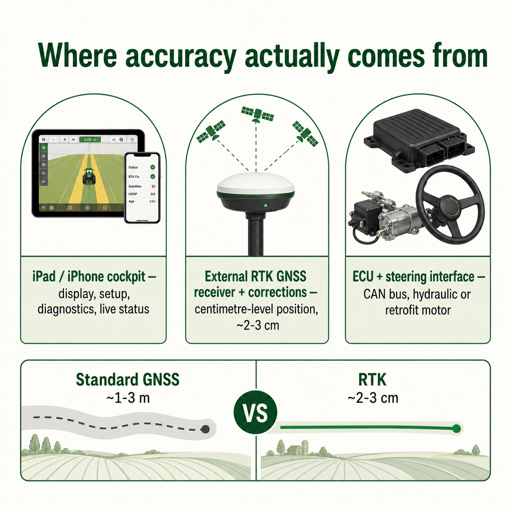 Diagram separating the iPad cockpit, the RTK GNSS receiver, and the steering hardware, showing which layer delivers accuracy