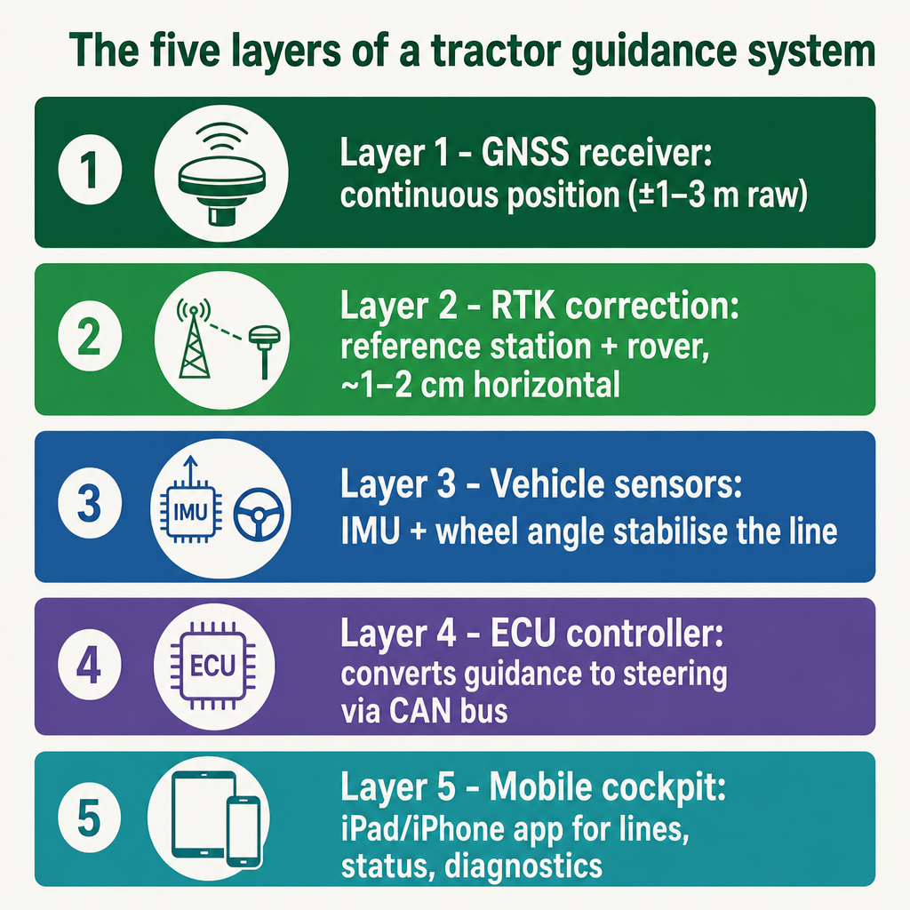 Five-layer diagram showing GNSS, RTK correction, sensors, ECU controller, and mobile cockpit stacked in reading order