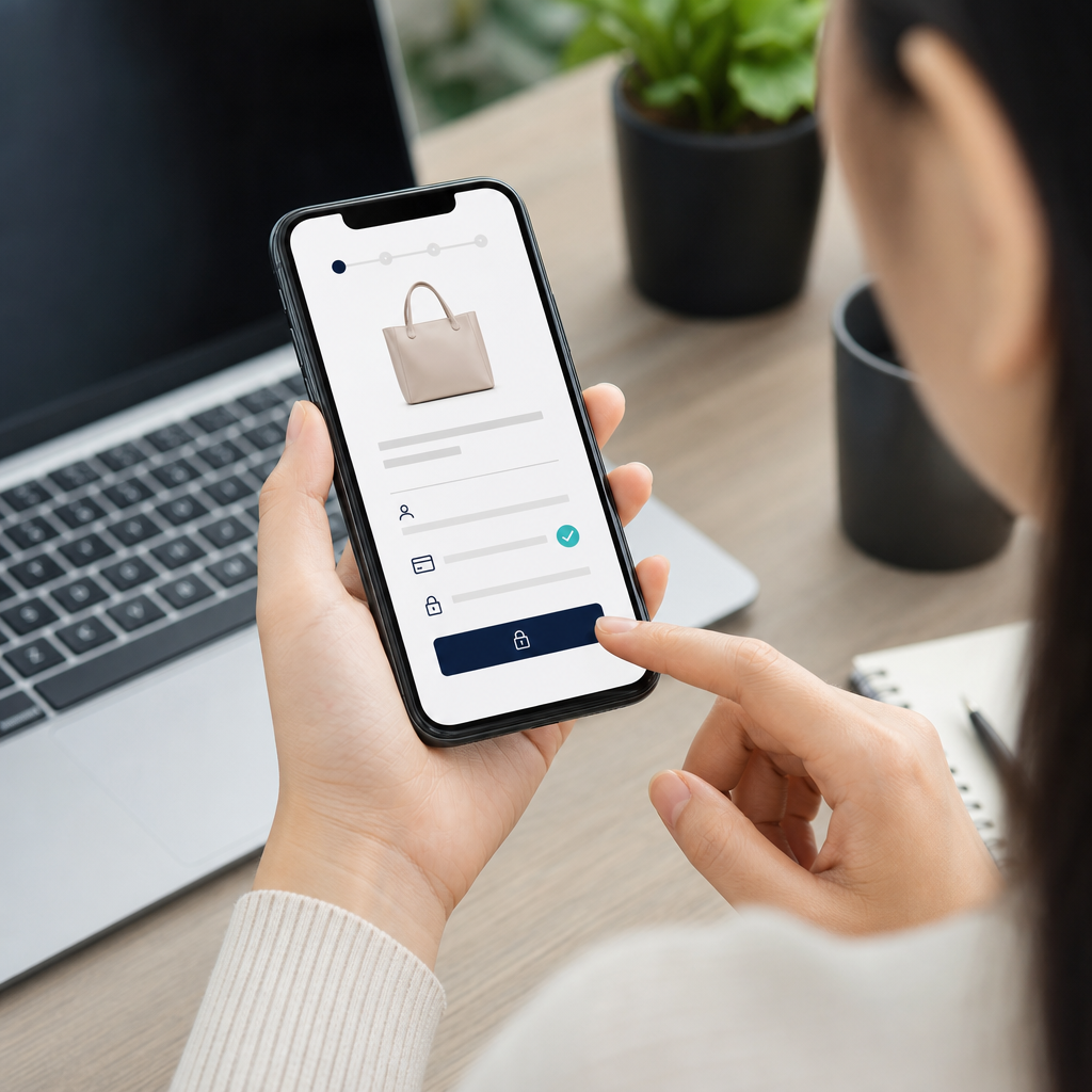 Mobil bir cihazda e-ticaret ödeme ekranını inceleyen kişi