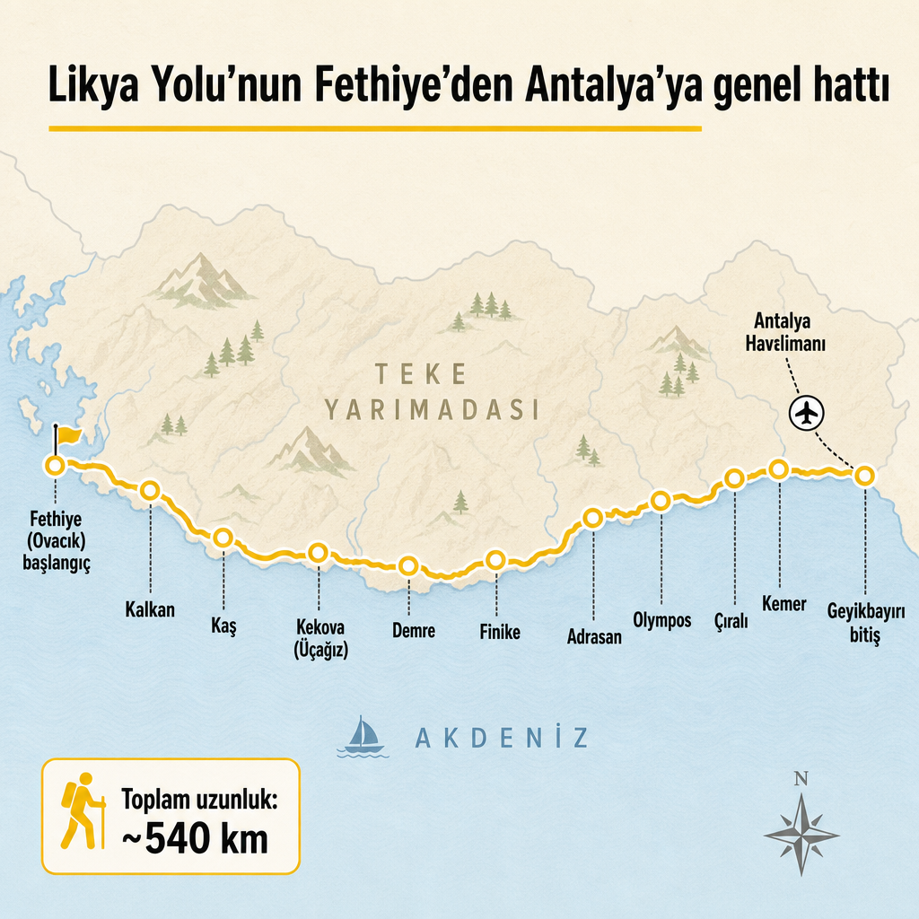 Likya Yolu’nun Fethiye Ovacık’tan Antalya Geyikbayırı’na uzanan yaklaşık 540 km’lik hattını ve başlıca kasabaları gösteren şematik harita.