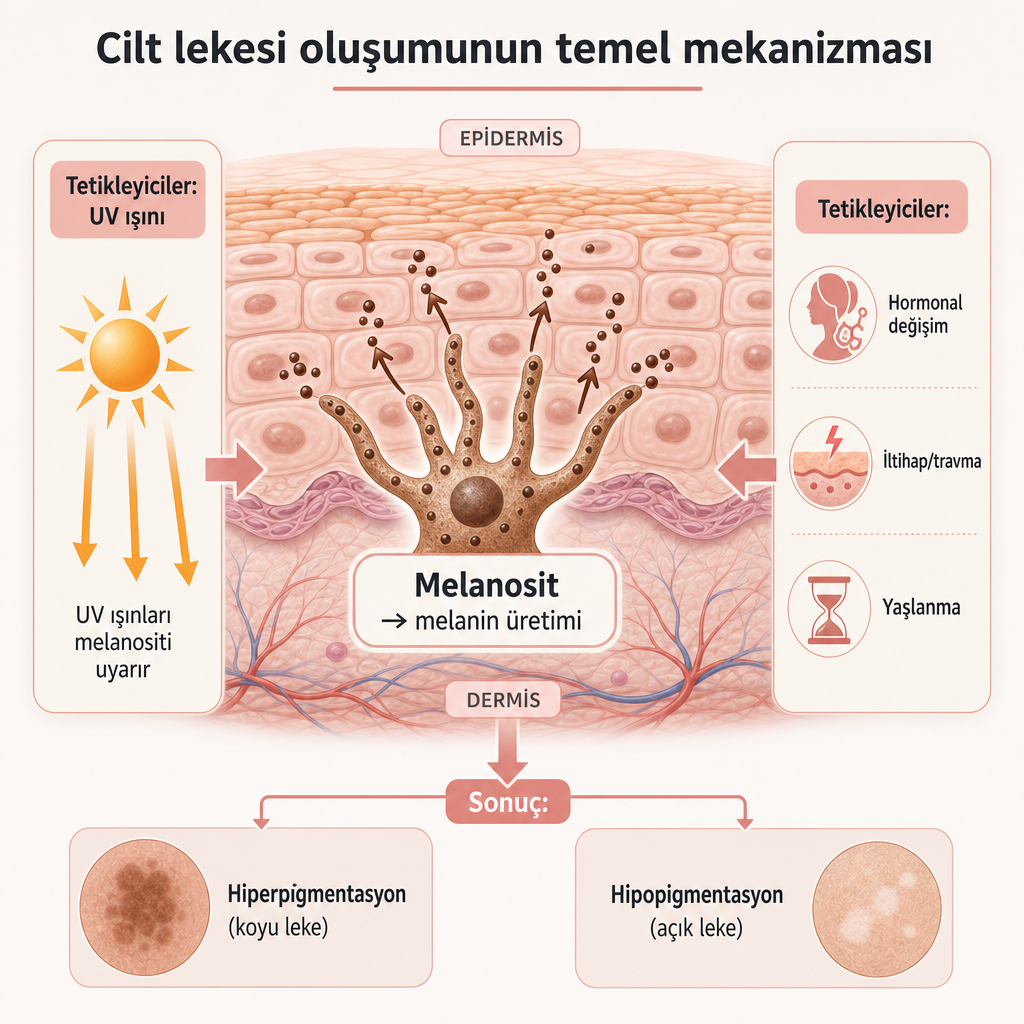 Melanosit hücresinin melanin üretimini ve UV, hormonal ve iltihabi tetikleyicileri gösteren cilt kesiti diyagramı
