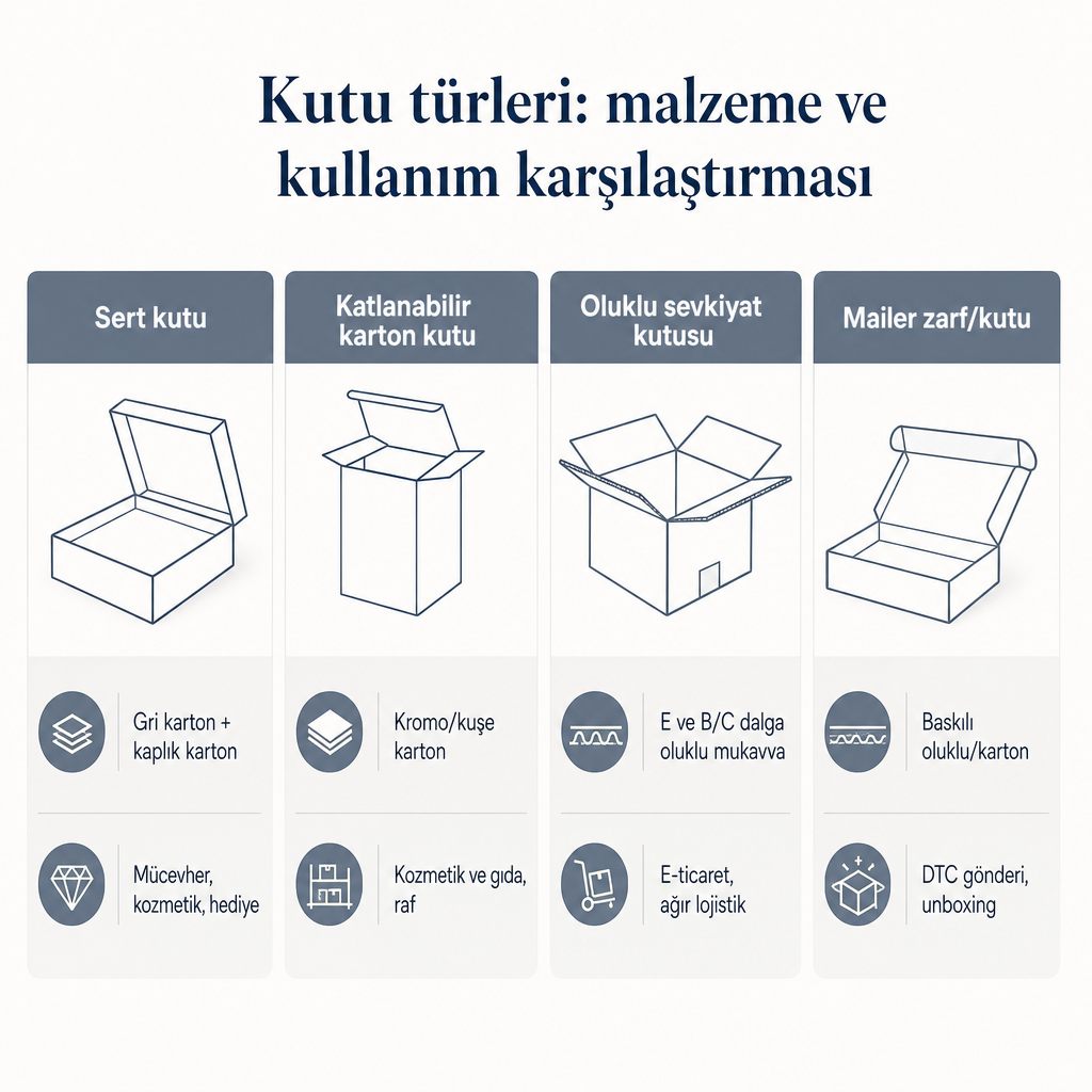 Sert kutu, katlanabilir karton kutu, oluklu sevkiyat kutusu ve mailer türlerinin malzeme ve kullanım karşılaştırması