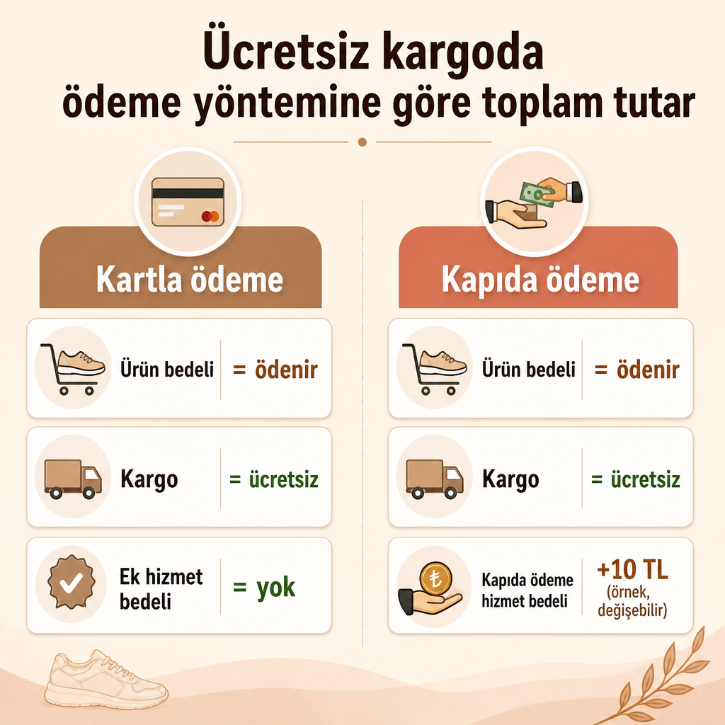 Kartla ödeme ve kapıda ödeme senaryolarında ücretsiz kargonun toplam tutara etkisini karşılaştıran infografik.