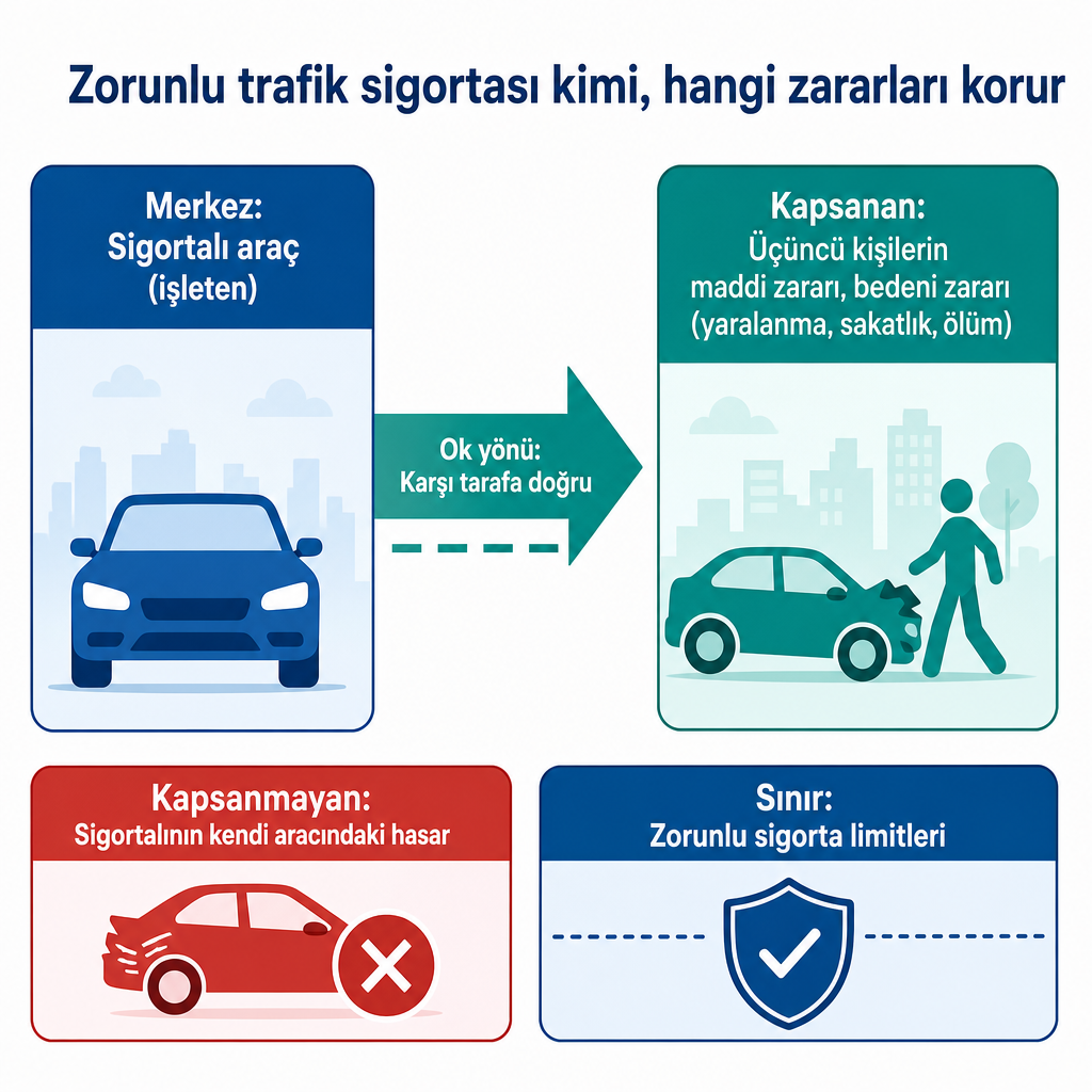 Zorunlu trafik sigortasının üçüncü kişileri koruduğunu, sigortalının kendi aracını kapsamadığını gösteren kavramsal şema