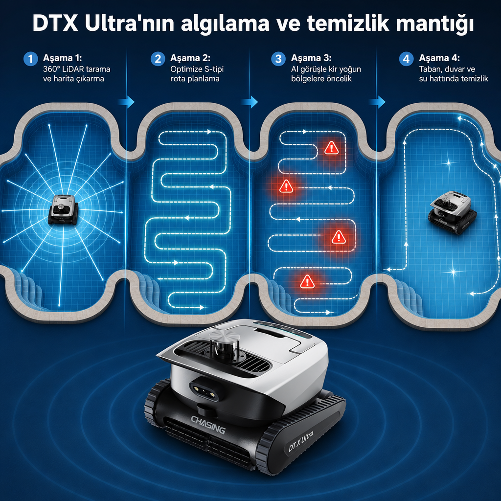 DTX Ultra'nın havuzu tarayıp haritaladıktan sonra planlı temizlik rotası oluşturmasını gösteren şema