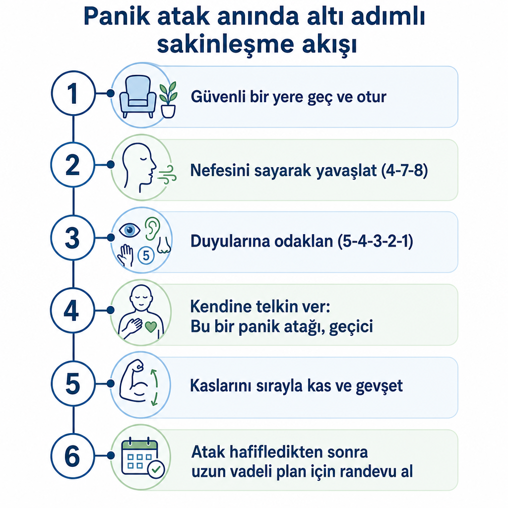 Panik atak anında uygulanacak altı adımı gösteren dikey akış şeması