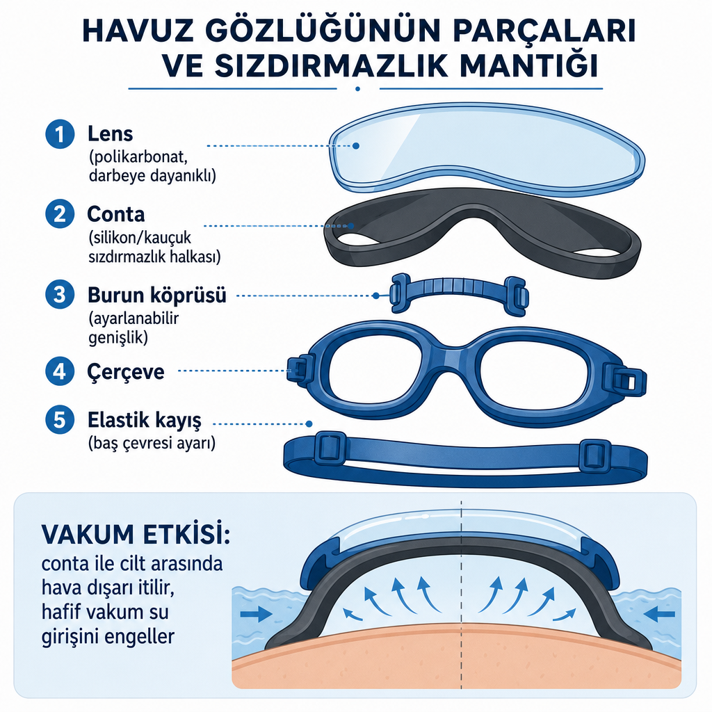 Havuz gözlüğünün lens, conta, burun köprüsü, çerçeve ve kayış parçalarını ve vakum etkisiyle sızdırmazlığı gösteren şema