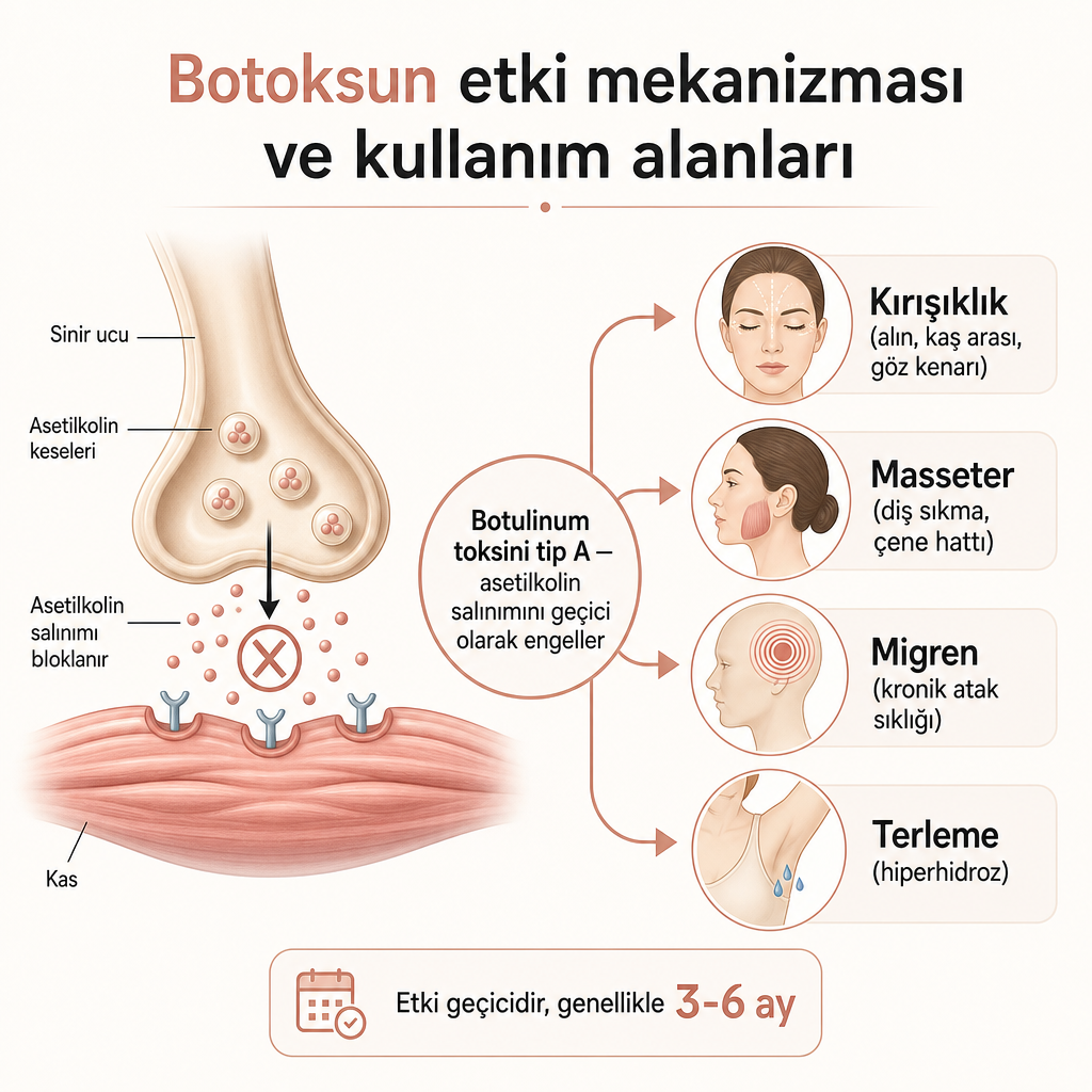 Botoksun sinir-kas iletimini bloke etmesini ve dört ana kullanım alanını gösteren şema.