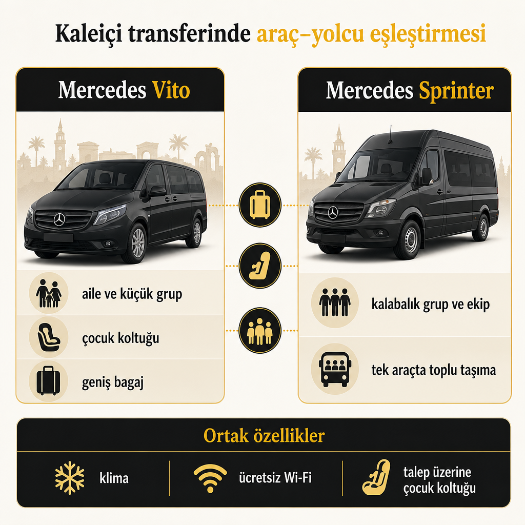 Vito ve Sprinter araçlarını yolcu profiline göre karşılaştıran kavramsal görsel.