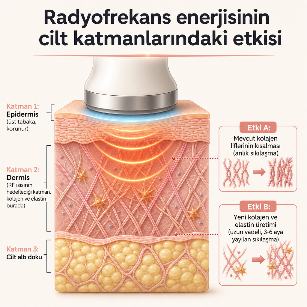 Radyofrekans enerjisinin epidermisi koruyup dermiste ısı oluşturarak kolajen üretimini uyardığını gösteren cilt kesiti şeması