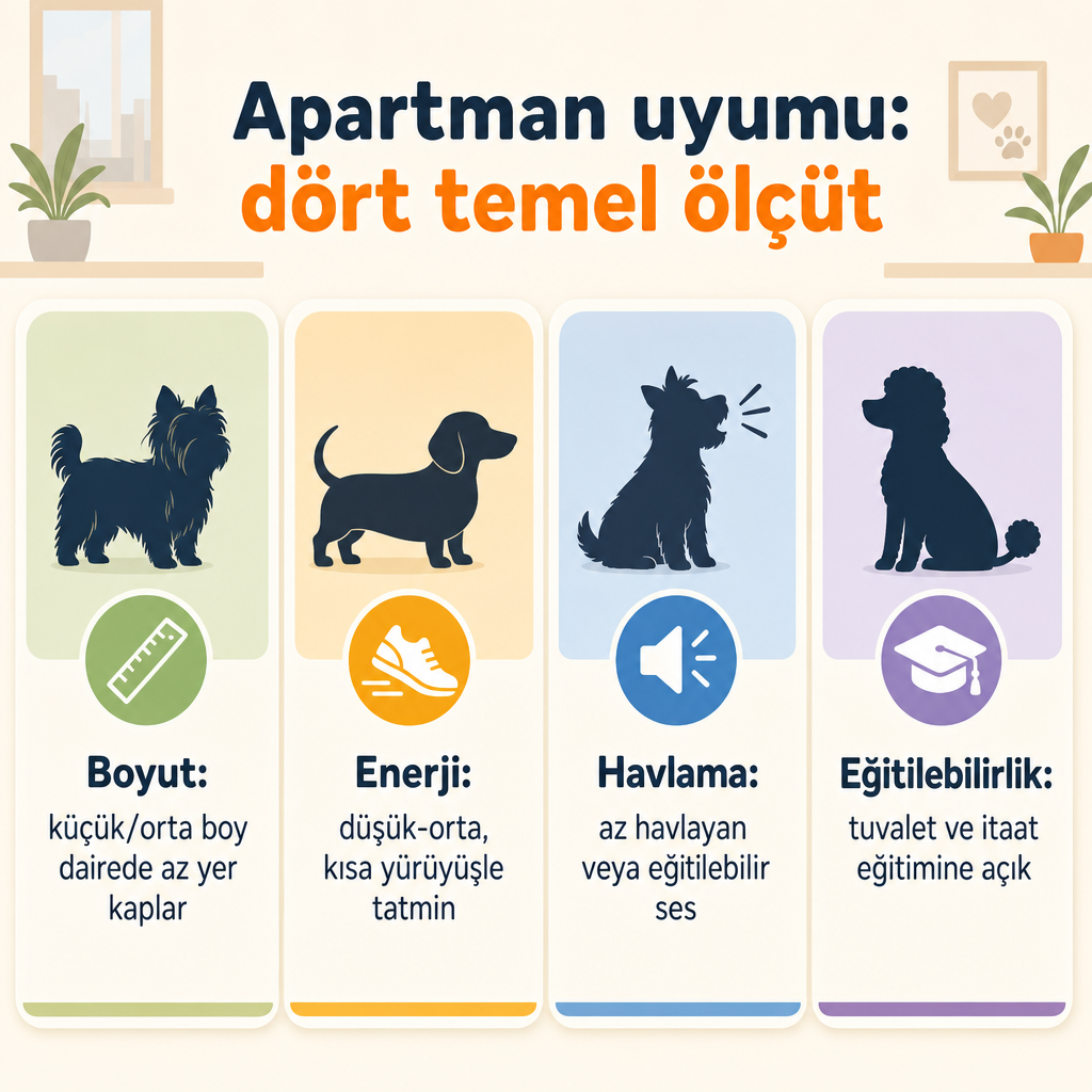 Apartman için köpek seçiminde boyut, enerji, havlama ve eğitilebilirlik ölçütlerini gösteren karşılaştırma görseli