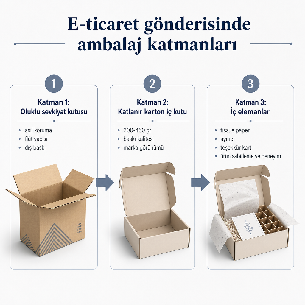 Oluklu dış kutu, katlanır karton iç kutu ve iç elemanlardan oluşan üç katmanlı e-ticaret ambalajı diyagramı