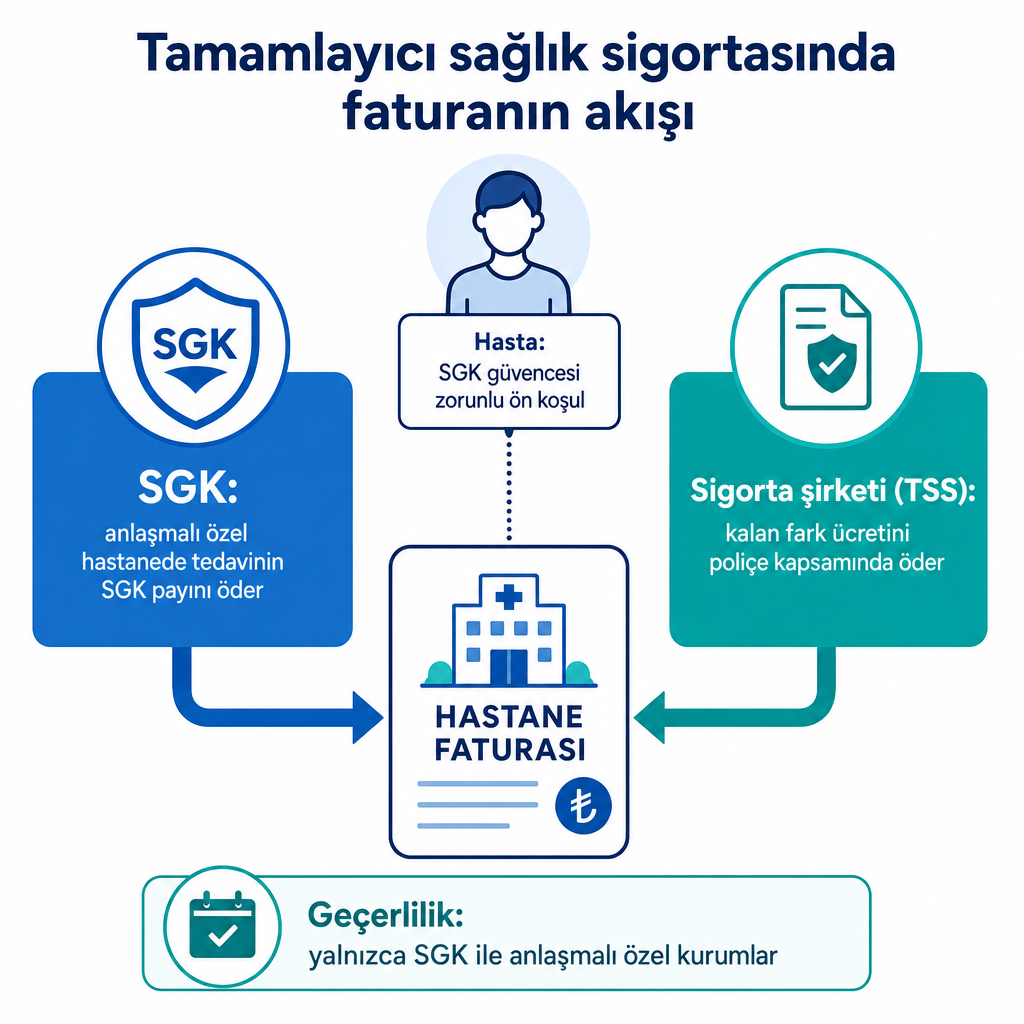 SGK ödemesi ve tamamlayıcı sağlık sigortası ödemesinin tek bir hastane faturasında birleştiğini gösteren şema