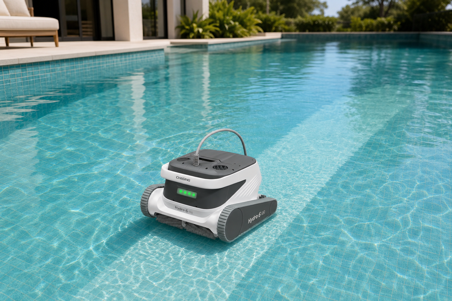 Bir villa havuzunda tabanı temizleyen Chasing havuz robotu