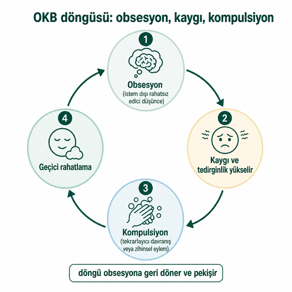 OKB'de obsesyon, kaygı, kompulsiyon ve geçici rahatlama arasındaki kendini besleyen döngüyü gösteren kavramsal diyagram
