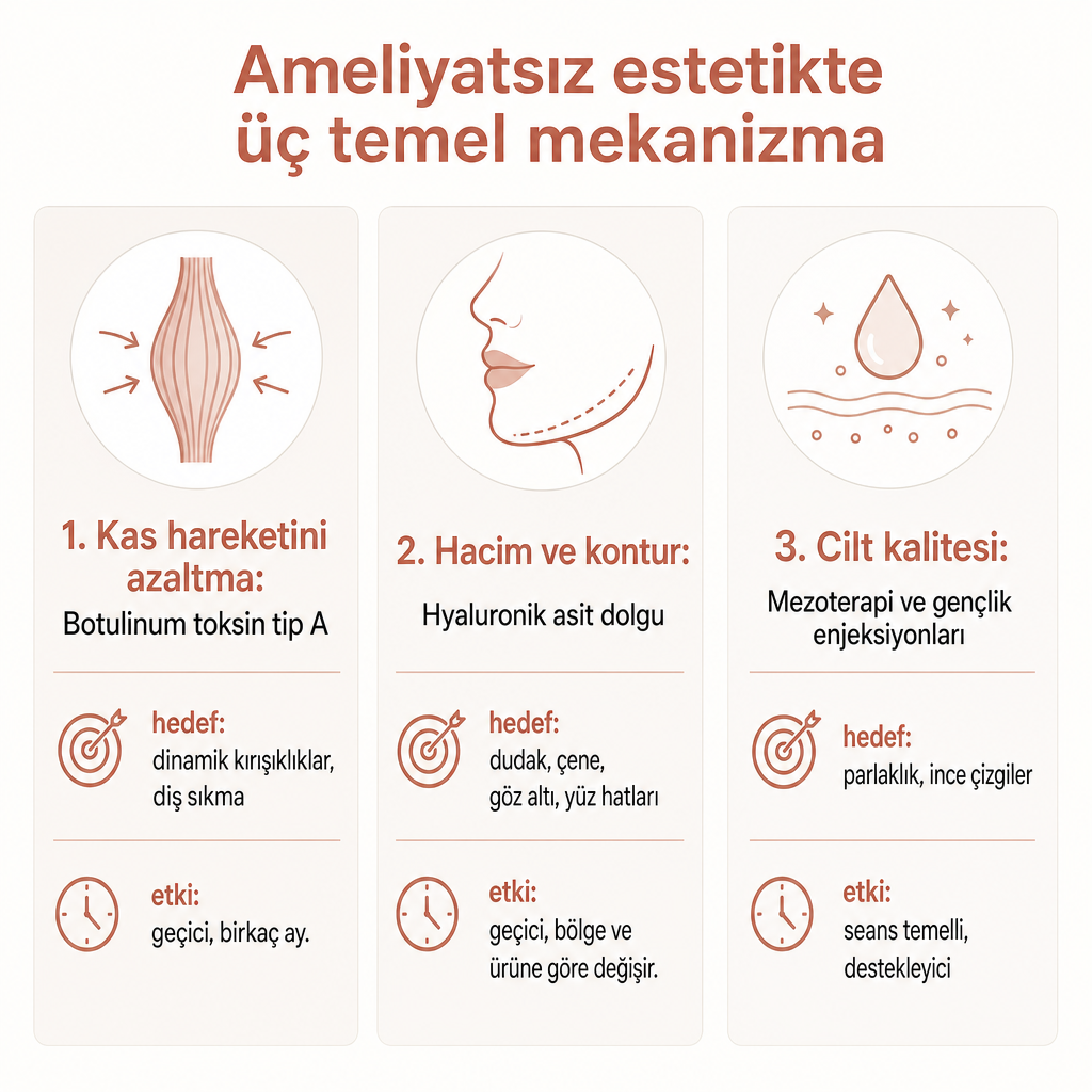 Botulinum toksin, hyaluronik asit dolgu ve mezoterapinin hedeflerini ve etki sürelerini karşılaştıran üç sütunlu şema
