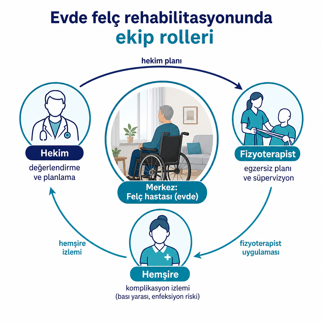 Felç hastasının evde rehabilitasyonunda hekim, fizyoterapist ve hemşire rollerini gösteren kavramsal diyagram
