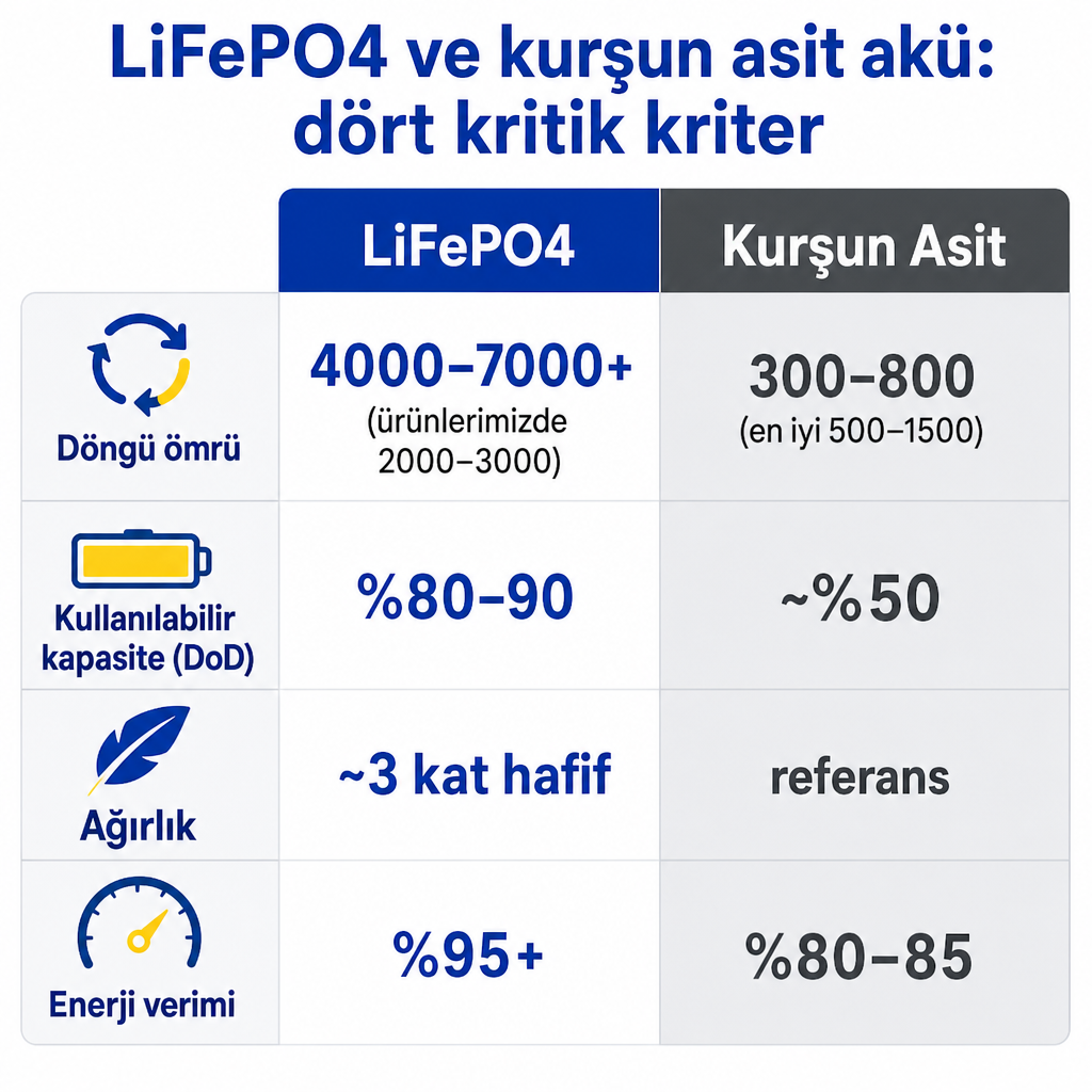 LiFePO4 ile kurşun asit aküyü döngü ömrü, deşarj derinliği, ağırlık ve verim üzerinden karşılaştıran görsel tablo