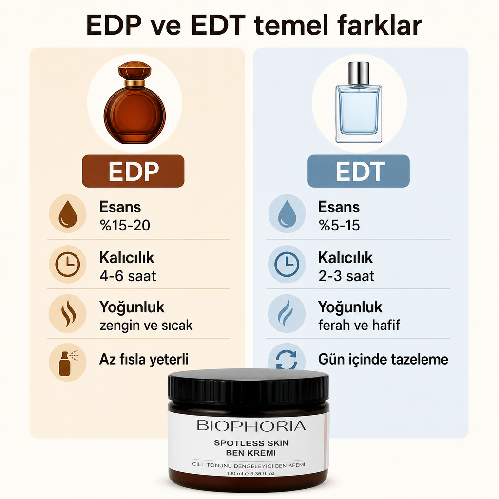 Eau de parfum ile eau de toilette arasındaki esans oranı ve kalıcılık farkını gösteren karşılaştırma görseli